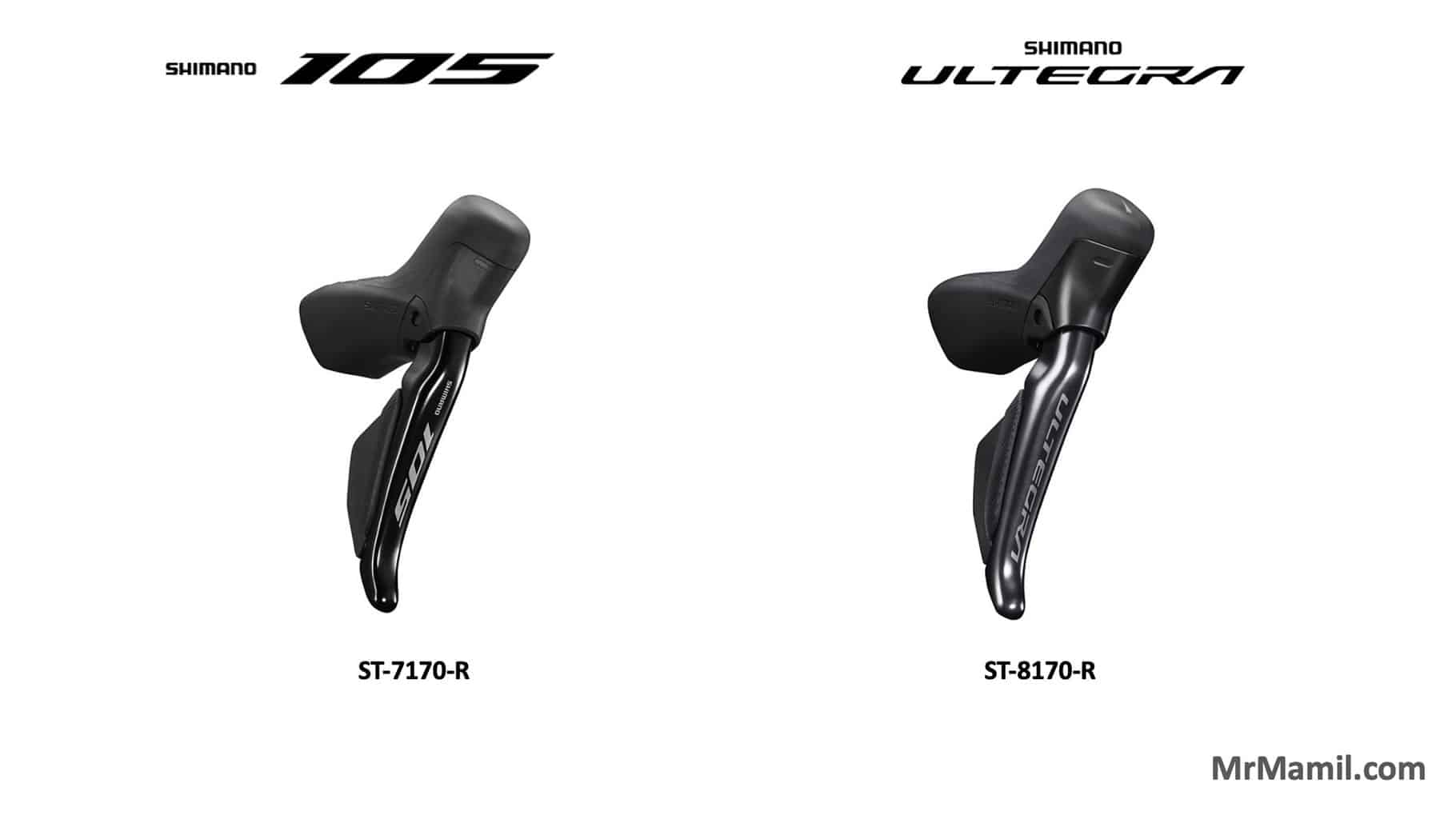 Side-by-side comparison of Shimano bicycle shifters. On the left, a Shimano 105 Di2 shifter labeled ST-7170-R. On the right, a Shimano Ultegra Di2 shifter labeled ST-8170-R.