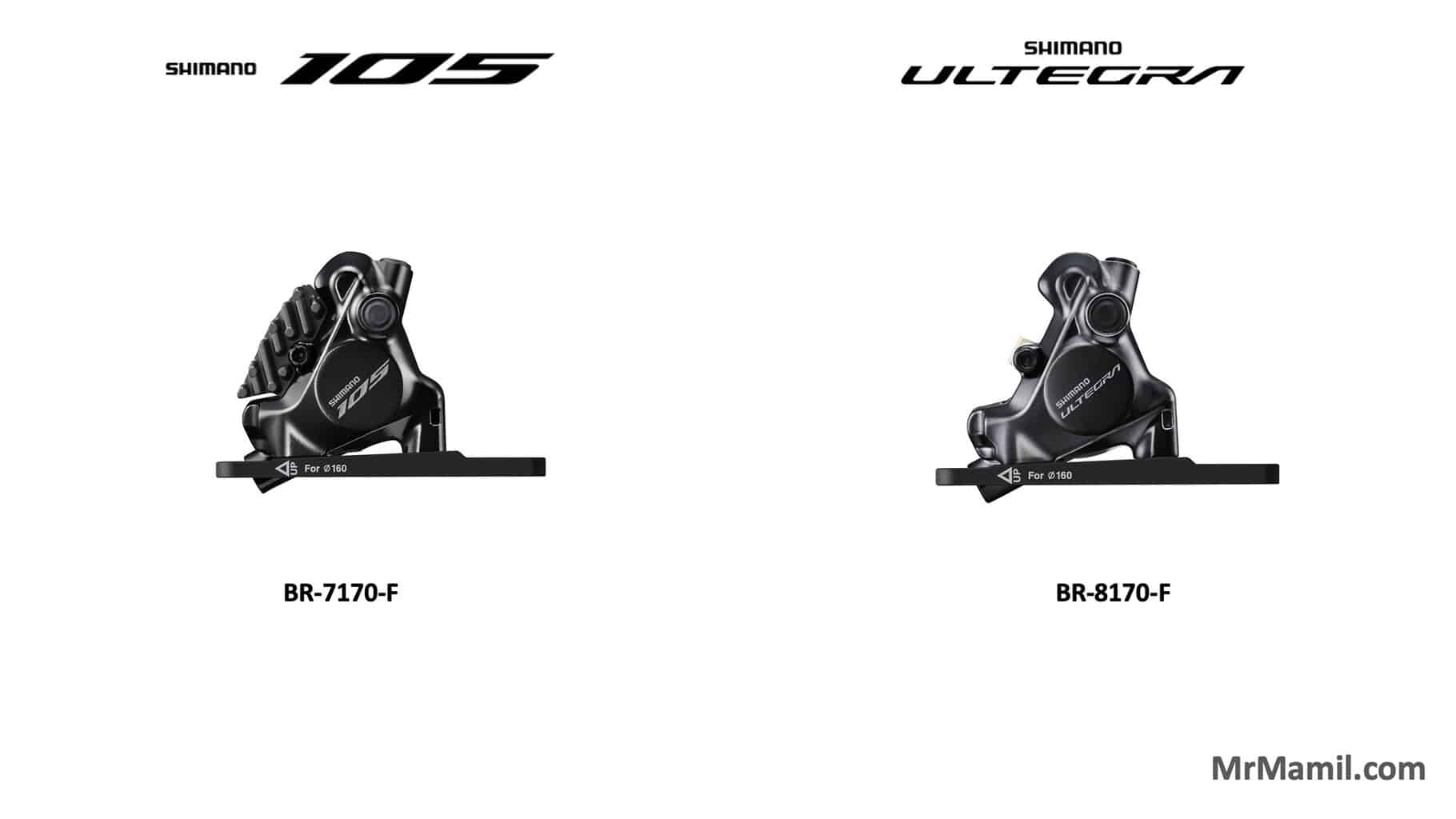 Side-by-side comparison of Shimano disc brake calipers On the left, a Shimano 105 caliper labeled BR-7170-F. On the right, a Shimano Ultegra caliper labeled BR-8170-F.