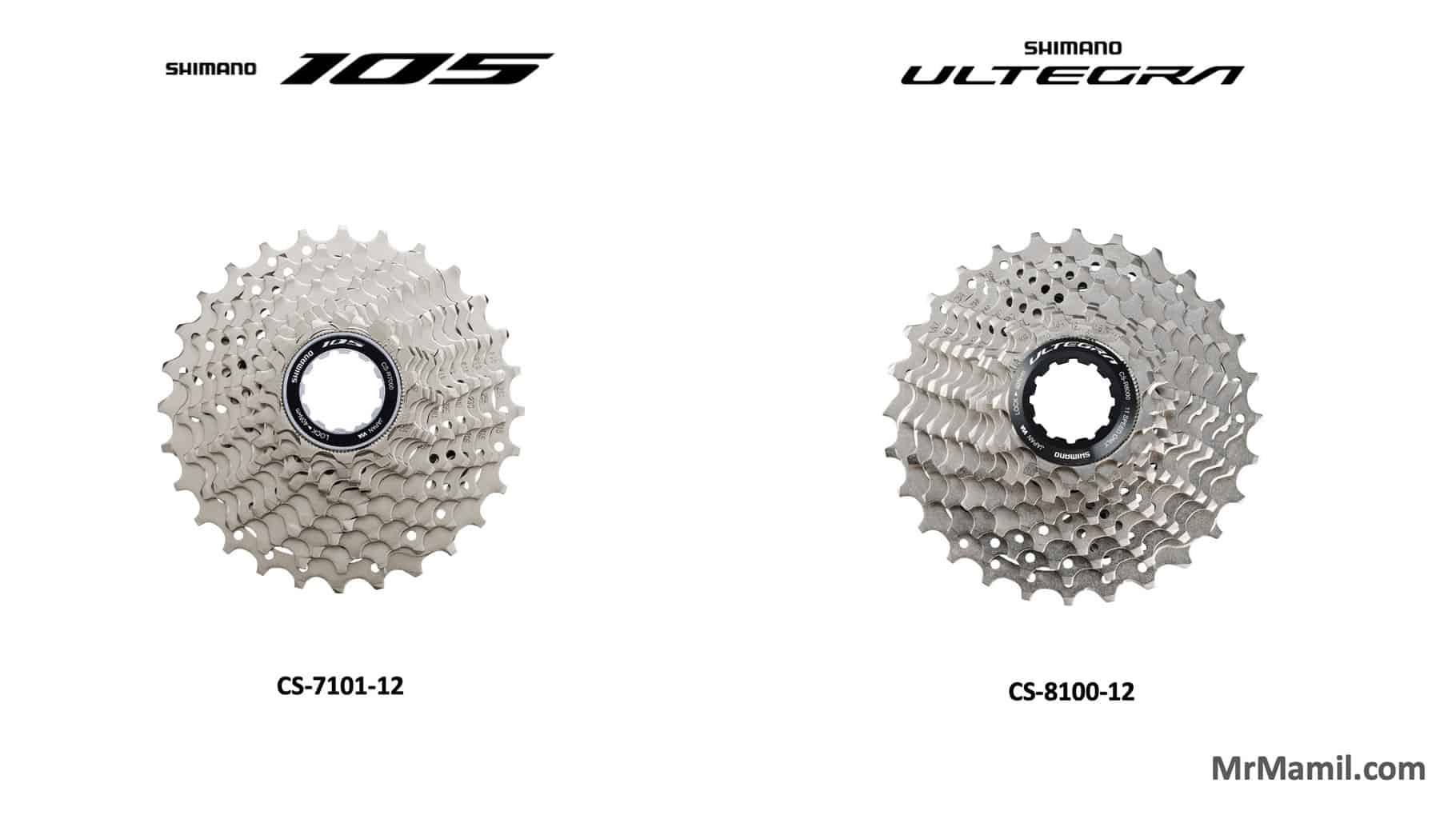 Side-by-side comparison of Shimano 12-speed bicycle cassettes. On the left, a Shimano 105 cassette labeled CS-7101-12. On the right, a Shimano Ultegra cassette labeled CS-8100-12.