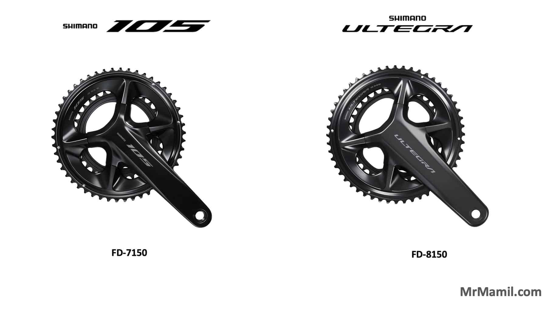 Side-by-side comparison of Shimano bicycle cranksets On the left, a Shimano 105 crankset labeled FC-7150. On the right, a Shimano Ultegra crankset labeled FC-8150.