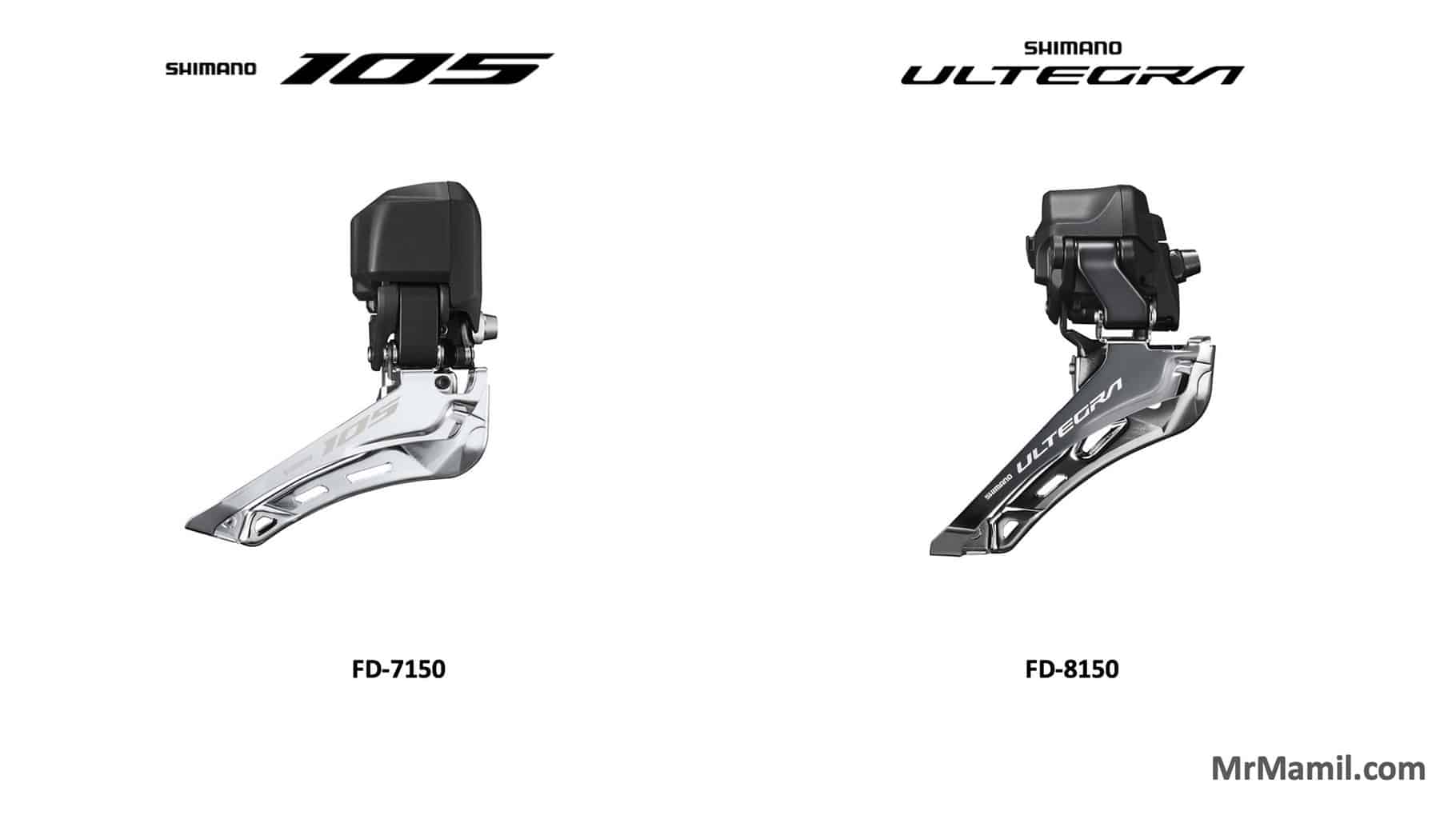 Side-by-side comparison of Shimano bicycle front derailleurs. On the left, a Shimano 105 Di2 RD labeled FD-7150. On the right, a Shimano Ultegra Di2 FD labeled RD-8150.