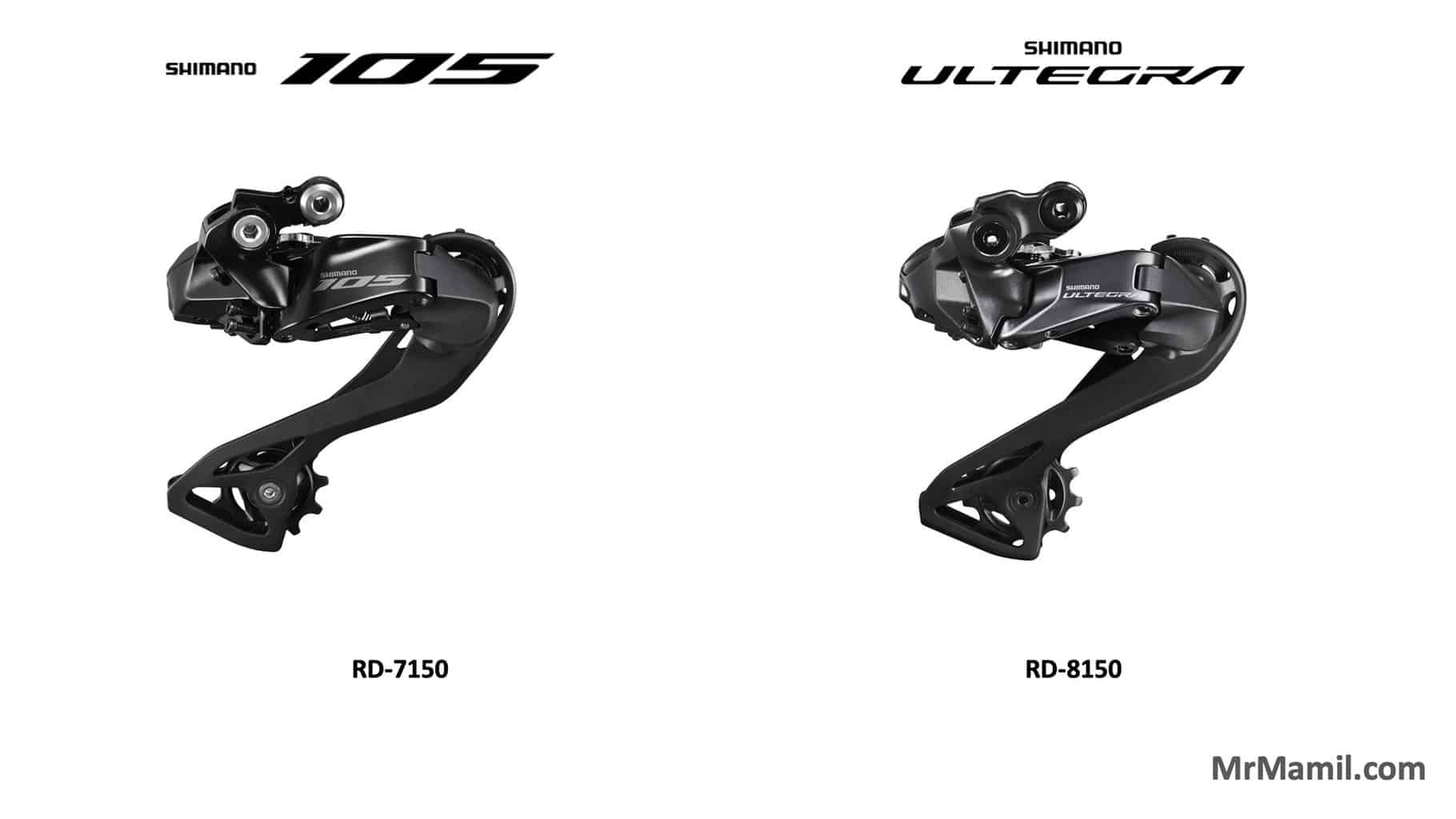 Side-by-side comparison of Shimano bicycle rear derailleurs. On the left, a Shimano 105 Di2 RD labeled RD-7150. On the right, a Shimano Ultegra Di2 RD labeled RD-8150.