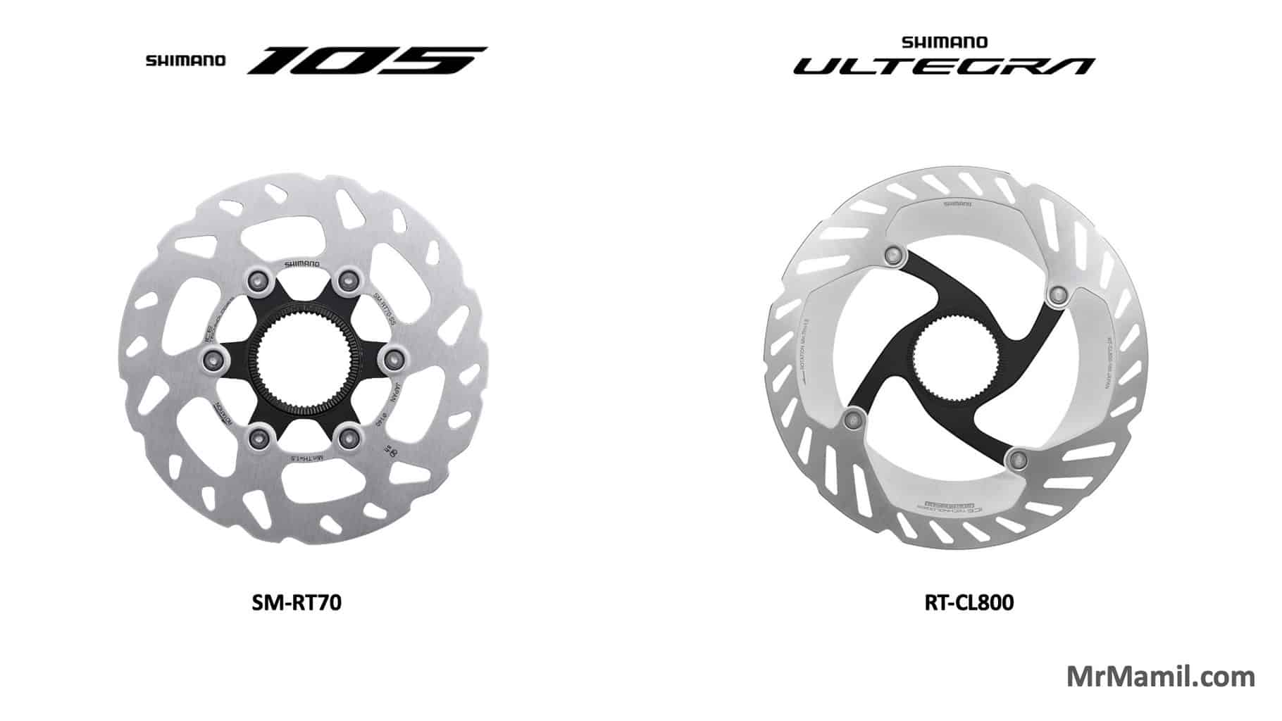 Side-by-side comparison of Shimano disc brake rotors On the left, a Shimano 105 rotor labeled SM-RT70. On the right, a Shimano Ultegra rotor labeled RT-CL800.